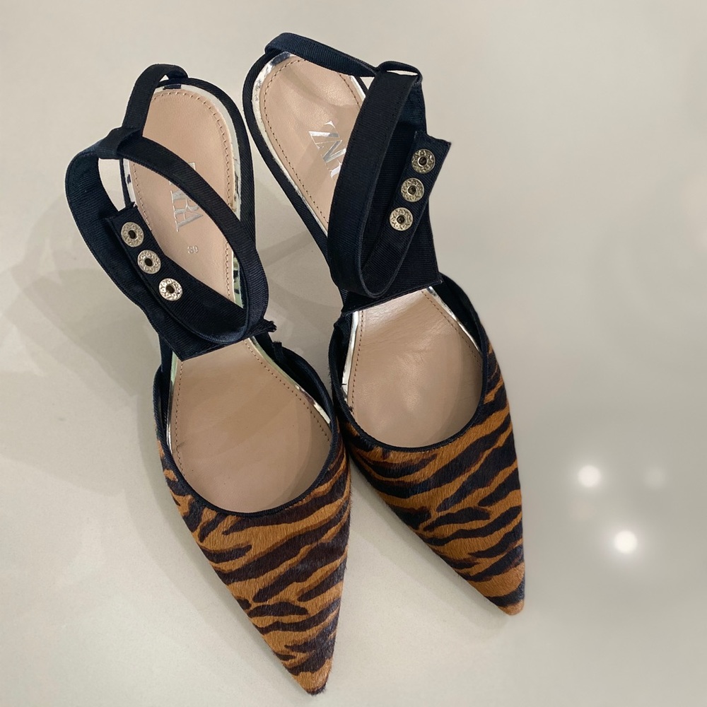 Zara, tiger print, ankle strapped pumps